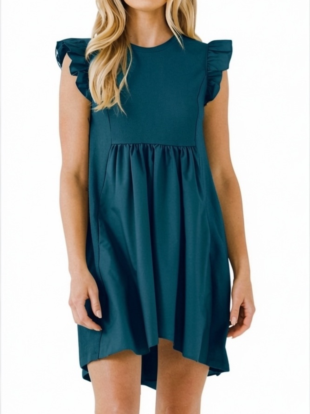 English Factory 100% Poplin Cotton Teal Ruffle Sleeve Swing Dress sz Small NWOT